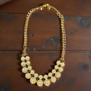 Shofel Bros. Chunky Large Faux Pearl Gold Tone Statement Necklace Vintage